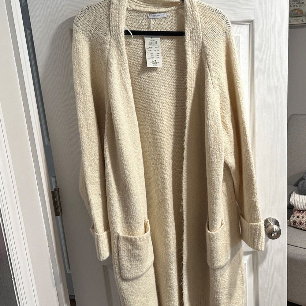 Reserved Cream Open-Front Long Knit Cardigan